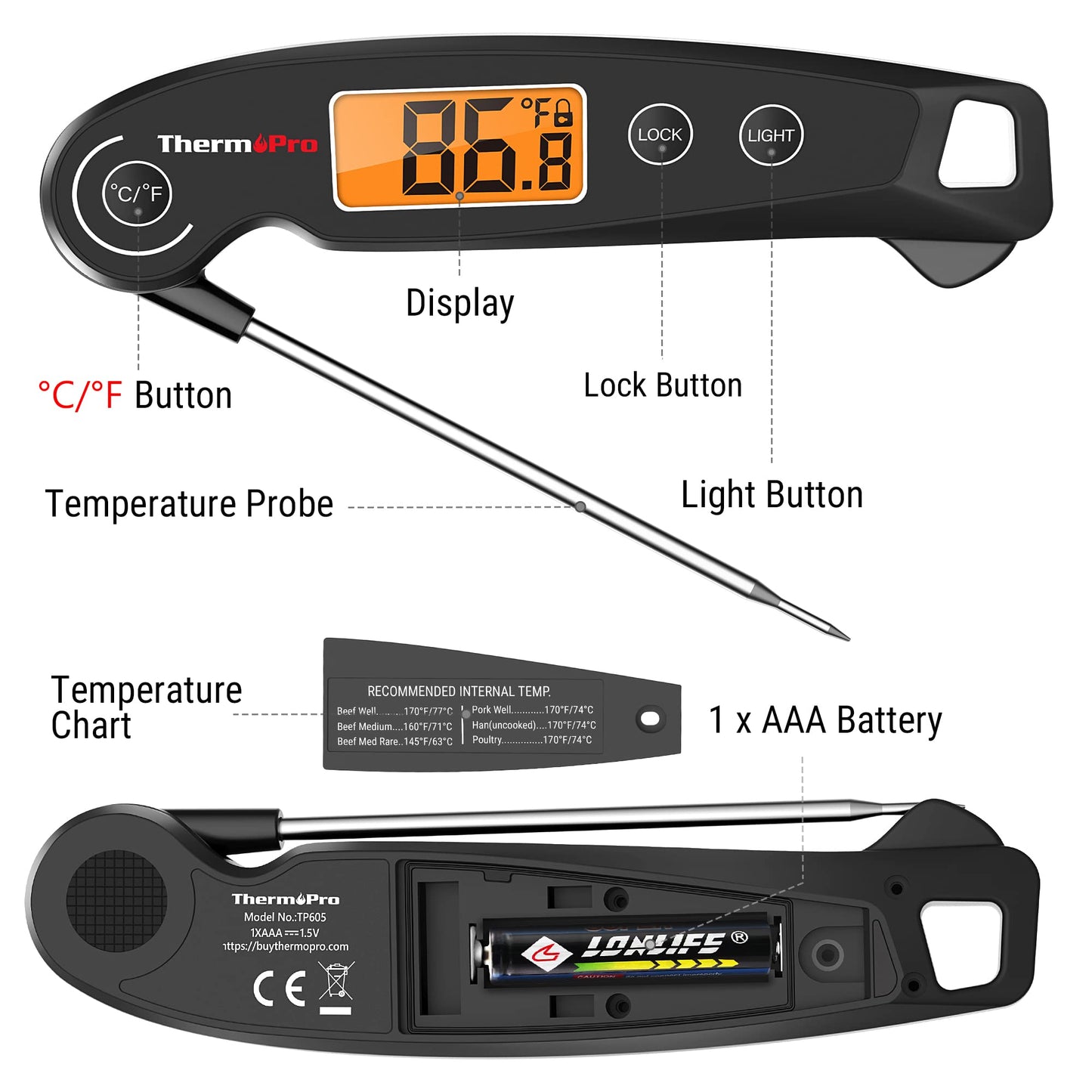 ThermoPro TP605 Instant Read Meat Thermometer Digital for Cooking, Waterproof Food Thermometer with Backlight & Calibration, Digital Probe Cooking Thermometer for Kitchen, Outdoor Grilling and BBQ