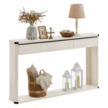 VASAGLE Console Table, 47.2 Inches Sofa Table, Narrow Entryway Table, Entry Table with 3 Drawers, Bottom Shelf, Metal Corners, for Living Room, Bedroom, Farmhouse Style, Rustic White ULNT143W73 VASAGLE