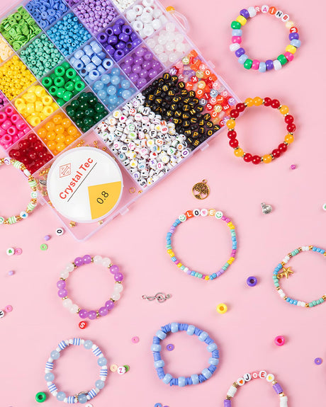 Taybonds Friendship Bracelet Making Kit- 24 Colors Beads Kit for Bracelets with Clay Beads, 4mm Seed Beads, Pony Beads, 8mm Glass Beads, Letter Beads and Charms, Jewelry Making Kit Gift for Girls 6-12 Taybonds