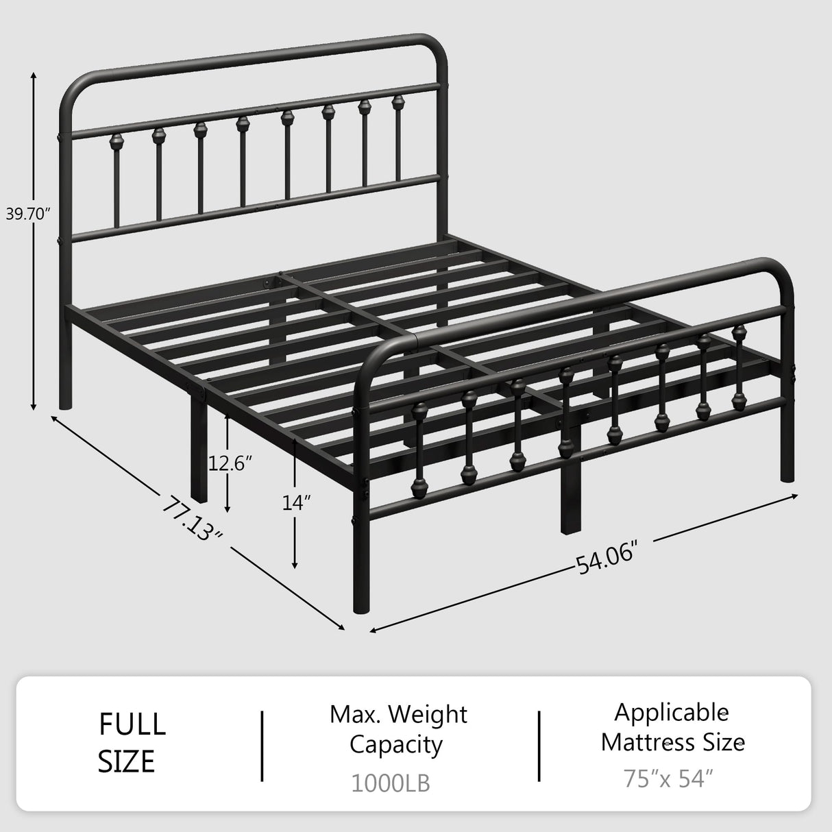 zunatu Full Size Metal Platform Bed Frame/Victorian Style Headboard and Footboard/Steel Slat Support/Easy Assembly/No Box Spring Needed/Underbed Storage/Noise Free/Black zunatu