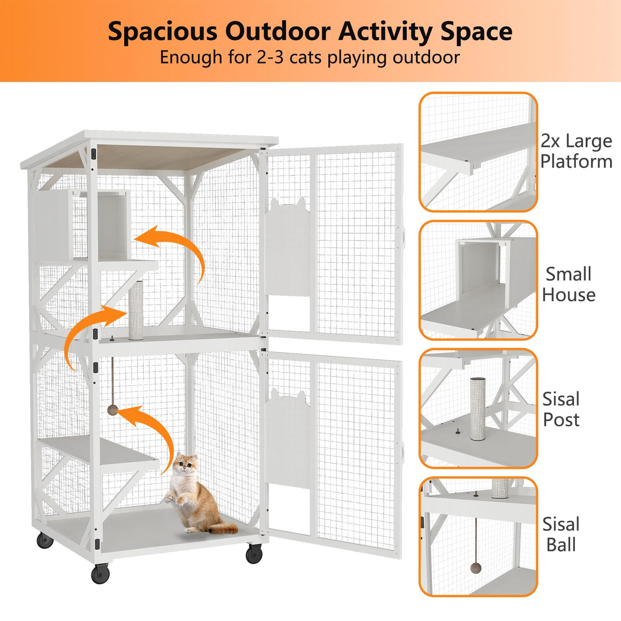 MODCART Catio Outdoor Cat Enclosure with Roof 71" Height Large Wooden Cat Cage with 3 Jumping Platforms and 1 Napping Houses for Cat (White) MODCART