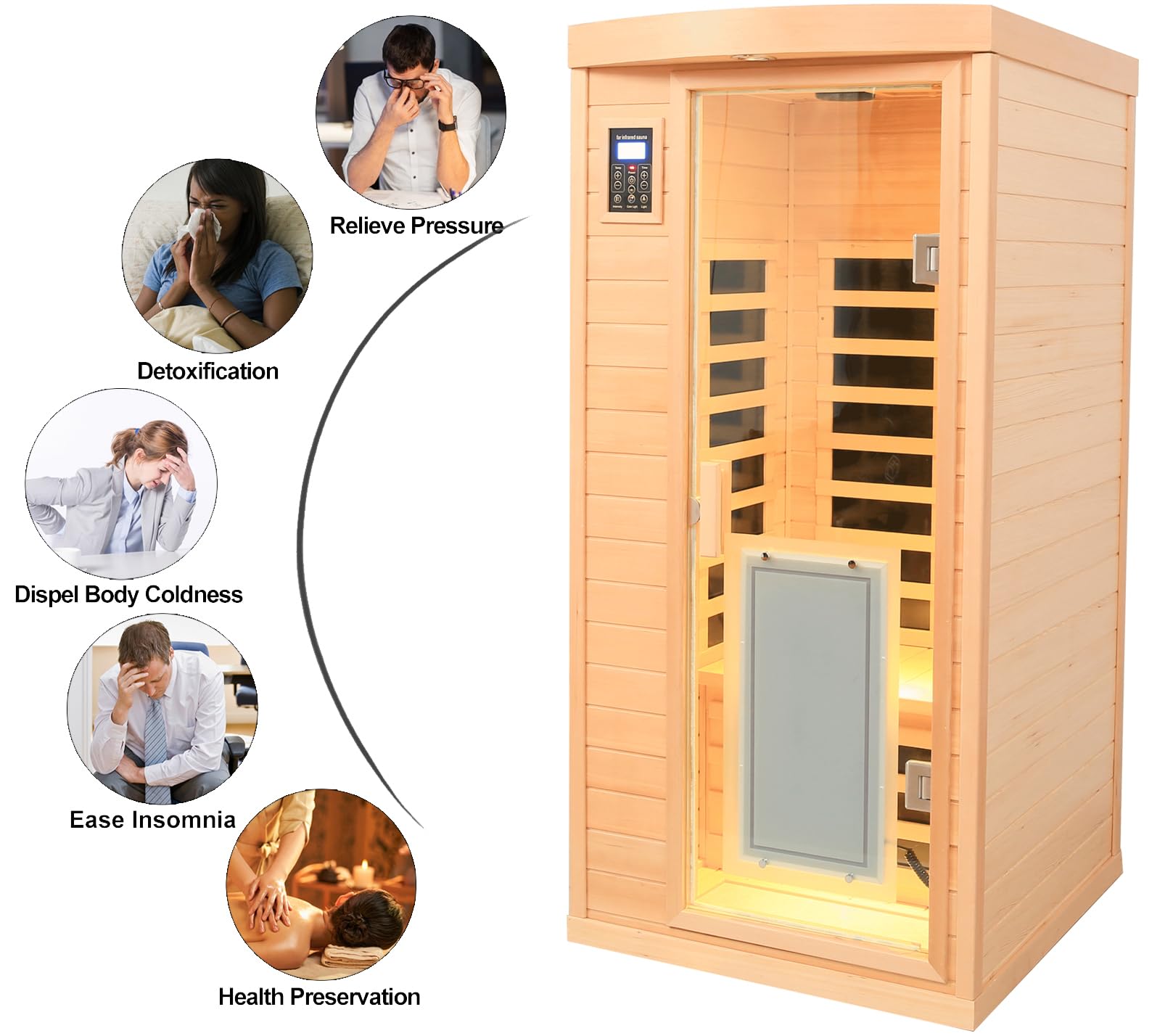 LTCCDSS 1 Person Low EMF Infrared Sauna, Hemlock Wooden Far Infrared Sauna for Home, 1460W with Bluetooth Speakers, LED Reading Lamp and Chromotherapy Lamp Indoor Sauna Room - WoodArtSupply