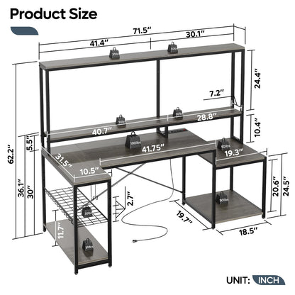 Bestier 71.5” Computer Desk, Gaming Desk with Long Monitor Stand and Hutch, Large L Shaped Corner Desk with Storage Shelf & Printer Stand Headset Hooks, Gamer Desk, Grey Oak