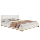 Merax King Size Boucle Bed Frame with Curved Headboard, White Upholstered Cloud Platform Bed, Solid Wood Base, Soft Rounded Corners Design, No Box Spring Needed, Easy Assembly, White Merax