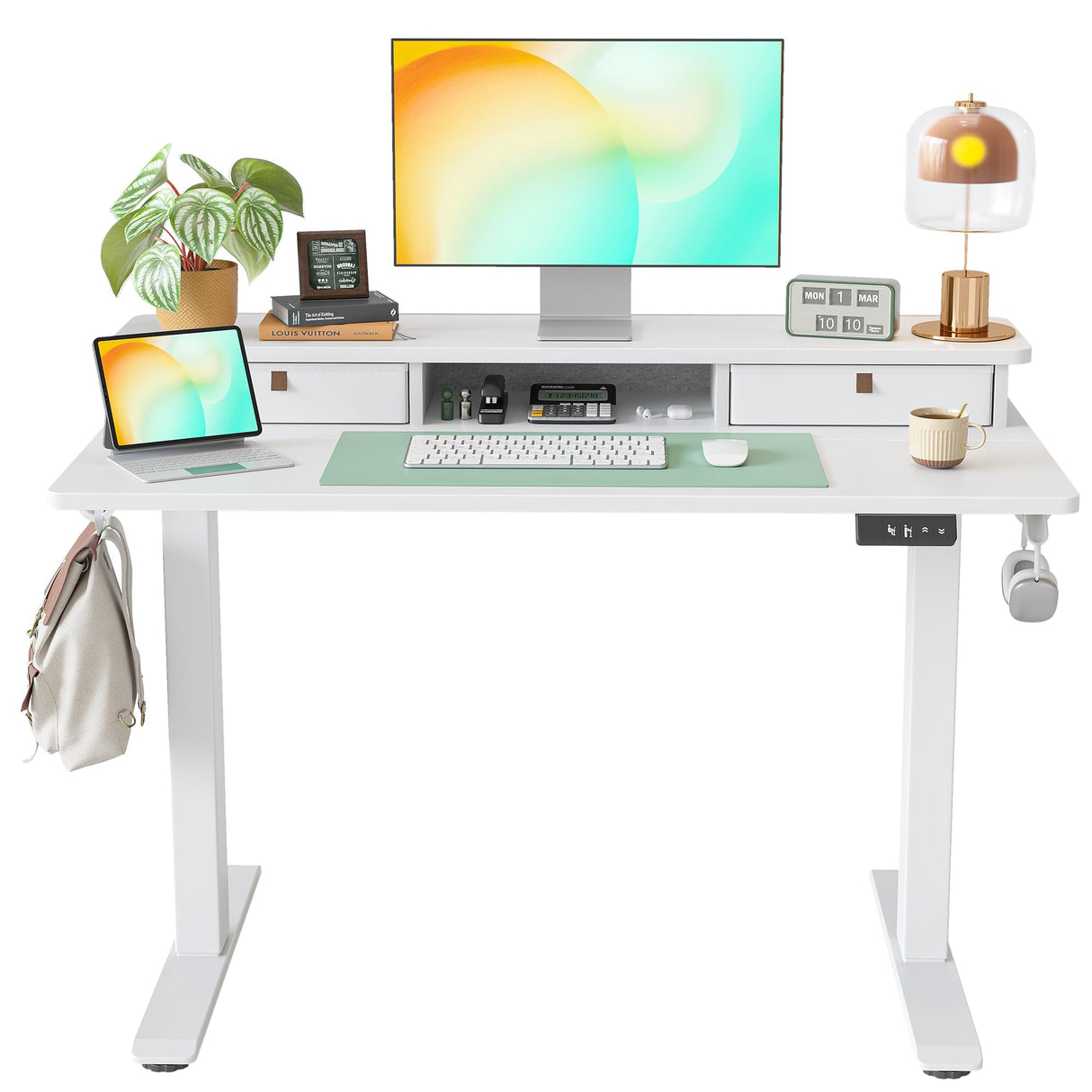 TIQLAB 48 * 24 Inch Standing Desk with Two Drawers, Stand Up Standing Desk Adjustable Height, Electric Sit Stand Desk with Storage Shelf and Splice Board, White TIQLAB