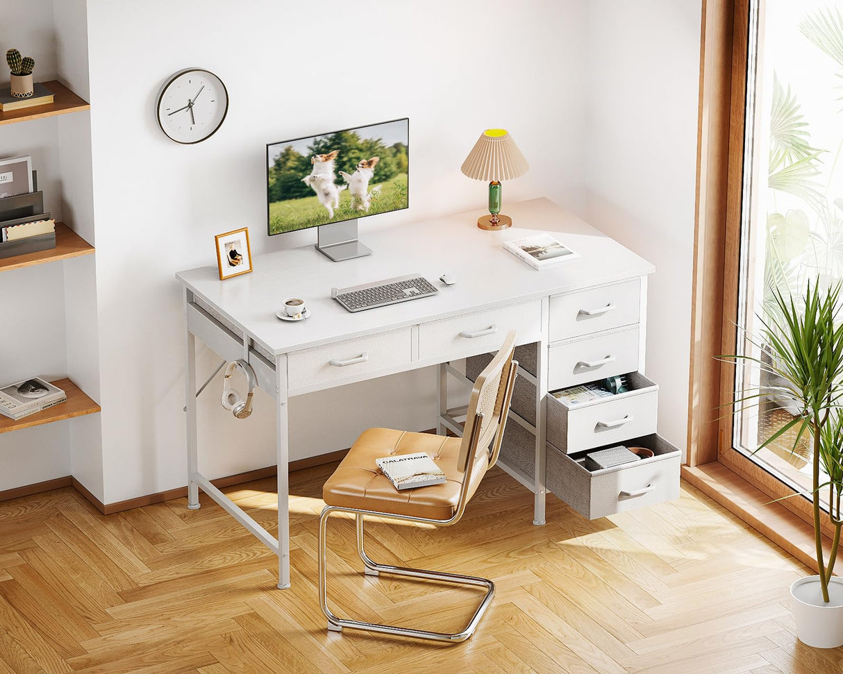 ODK Computer Desk with 6 Drawers, 40 Inch Small Desk with Storage, Reversible Desk with Headphone Hook for Home Office, Work Study Table for Bedroom, White ODK