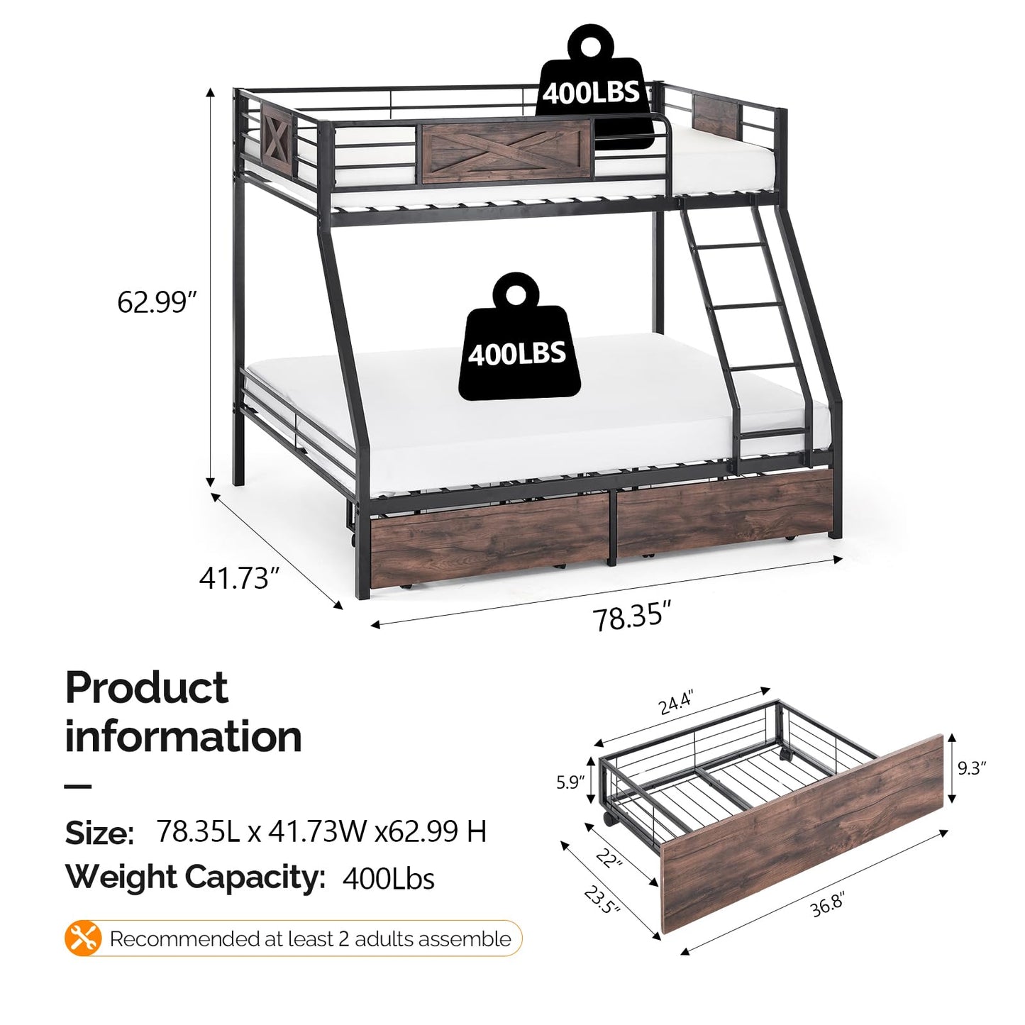 VINGLI Bunk Bed Twin Over Full Size with 2 Storage Drawers/Flat Rungs/Inclined Ladder, Heavy Duty Metal Slat Support, No Box Spring Needed, Black/Industrial Brown