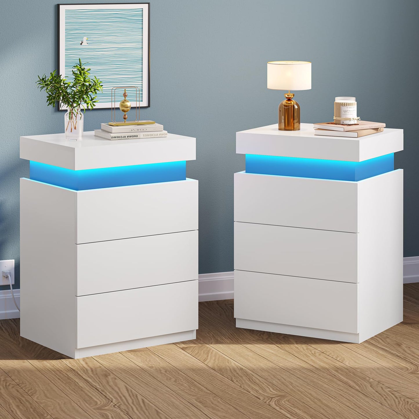 BTHFST Modern LED Nightstands Set of 2 with Charging Station and Sliding Top in White - WoodArtSupply