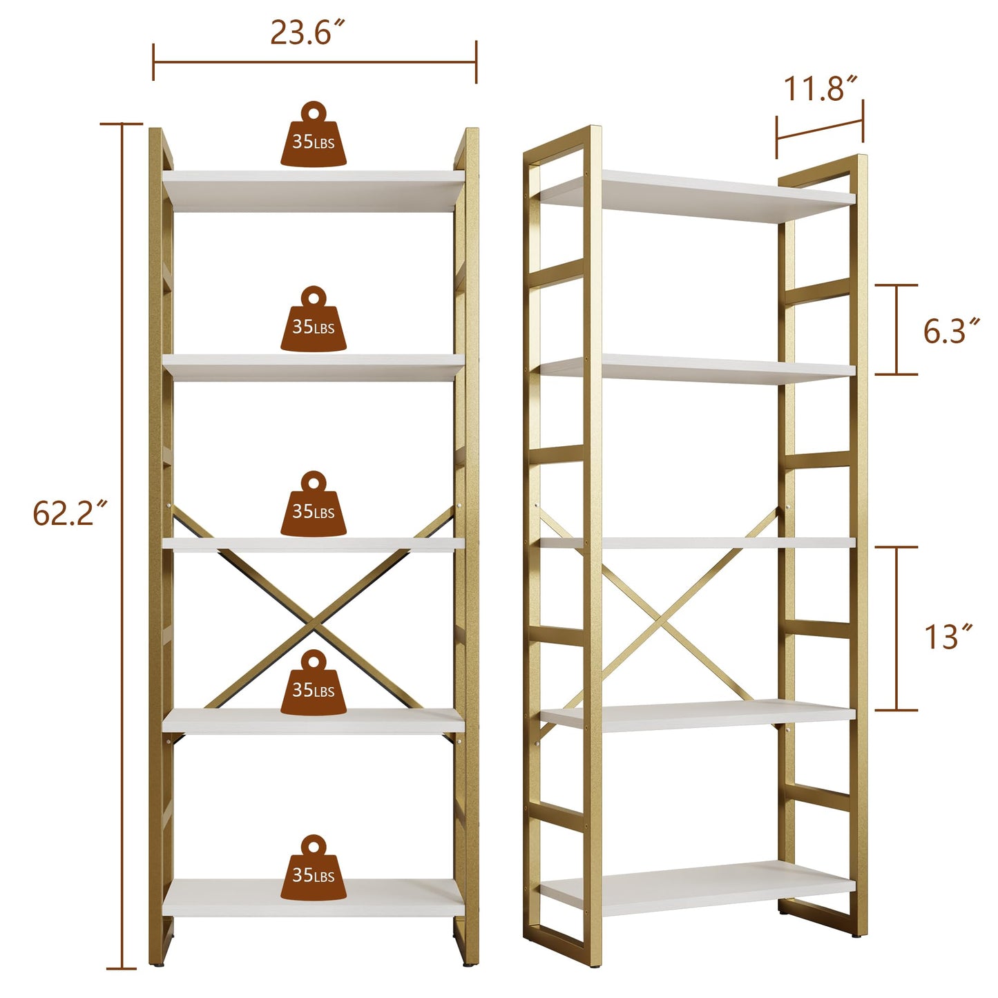 Shintenchi 5-Tier Industrial Gold Bookshelf – Modern Multi-Functional Bookcase for Home & Office - WoodArtSupply