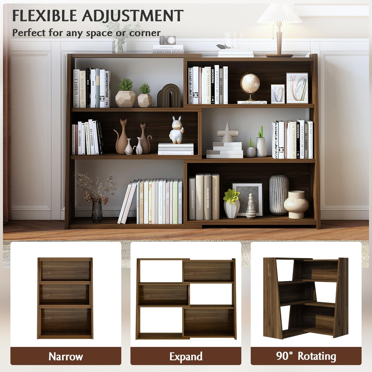 IOTXY Wooden Extendable Shelf Bookcase - 3-Tier Ladder Low Short Bookshelf for Small Space or Corner, Dark Walnut, L IOTXY