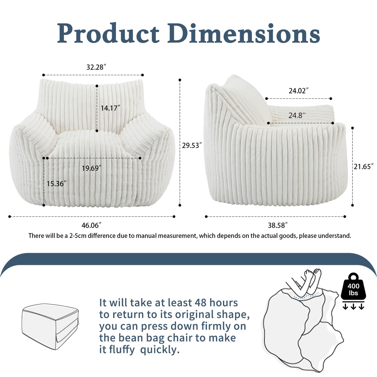 Giant Plush Bean Bag Chair for Adults with Armrests - Oversized Comfy Beige Beanbag Lounge Lazy Floor Sofa Accent Chair for Living Room, Bedroom & Dorm, Cozy Fluffy Single Cloud Mini Couch Gericco