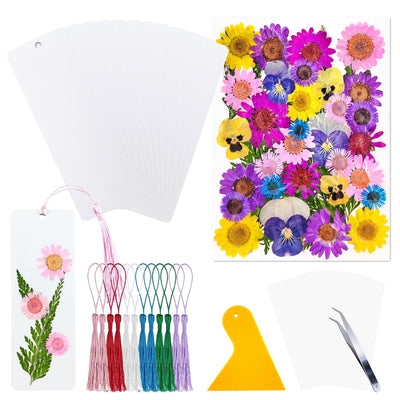 Cardstock Blank Bookmarks Set, 12 Pcs DIY White Craft Bookmarks for Pressed Flowers, Dried Flower Bookmark Making Kit with 43 Pcs Pressed Flowers, 12 Pcs Tassels, DIY Bookmarks for Dried Flowers