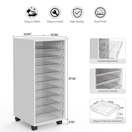 WOPITUES Plastic Storage Drawer Cart, Makeup Organizer and Storage with 10 Large Clear Drawers, Utility Wooden Rolling Cart on Wheels, for Cosmetic, Art Craft, Parts, Office Supplies, Toy, White WOPITUES