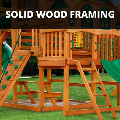 Gorilla Playsets 01-0089-AP Empire Wood Swing Set with 3 Play Decks, 3 Slides, and Monkey Bars, Brown