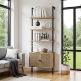 SOLACE FURNITURE Rattan Bookcase, 6 Tier Ladder Bookshelf with Rattan Cabinet, Wall Mount Tall Bookshelves and Bookcases with Metal Storage Shelves Display for Living Room Bedroom Home Office, Oak SOLACE FURNITURE