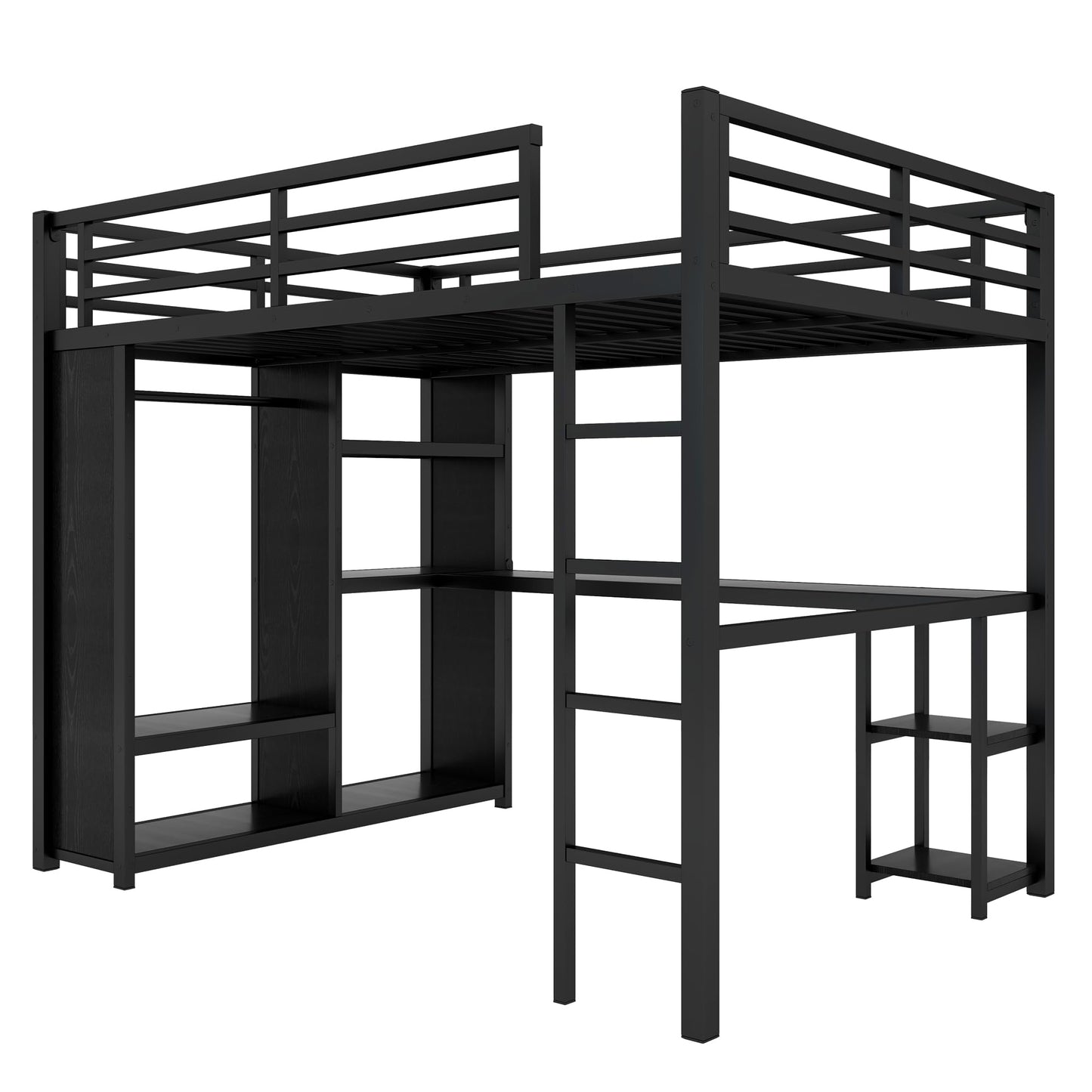 Queen Loft Bed with Desk and Storage Shelves, Loft Bed Queen Size, Queen Loft Bed with Wardrobe and Hanging Rod, Metal Loft Bed with Guardrail and Ladder, Queen Loft Bed for Adults Teens(Queen Balck)