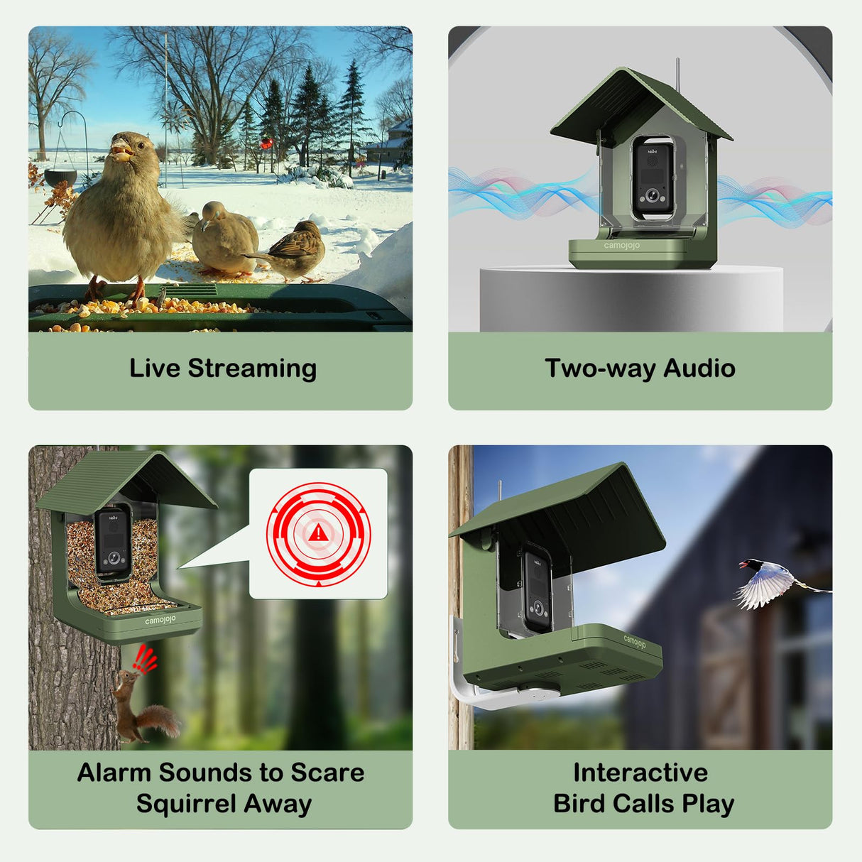 Camojojo Bird Feeder with Camera of 32MP Photo & 4K Video, Smart Bird Feeder with AI Identify, 10000mAh Built-in Battery, Full-Color Night View, 32 SD, IP66, 2.4G/5G Dual WiFi Wireless, Live Function Camojojo