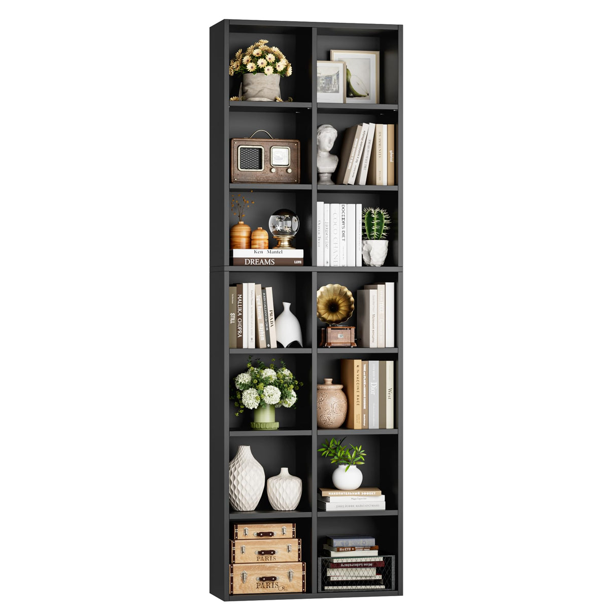 FOTOSOK 71'' Tall Bookshelf, Double Wide Media Tower Rack CD DVD Rack Display Cabinet with Adjustable Shelves, Tall Narrow Bookcase Black Bookshelf for Home Office, Black FOTOSOK