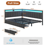 DICTAC Corner Full Bed Frame with 2 Storage Drawers and Charging Station Full Size Platform Bed Frame with Led Lights and Upholstered Guardrail Daybed for Living Room, Bedroom and Guest Room, Gray DICTAC