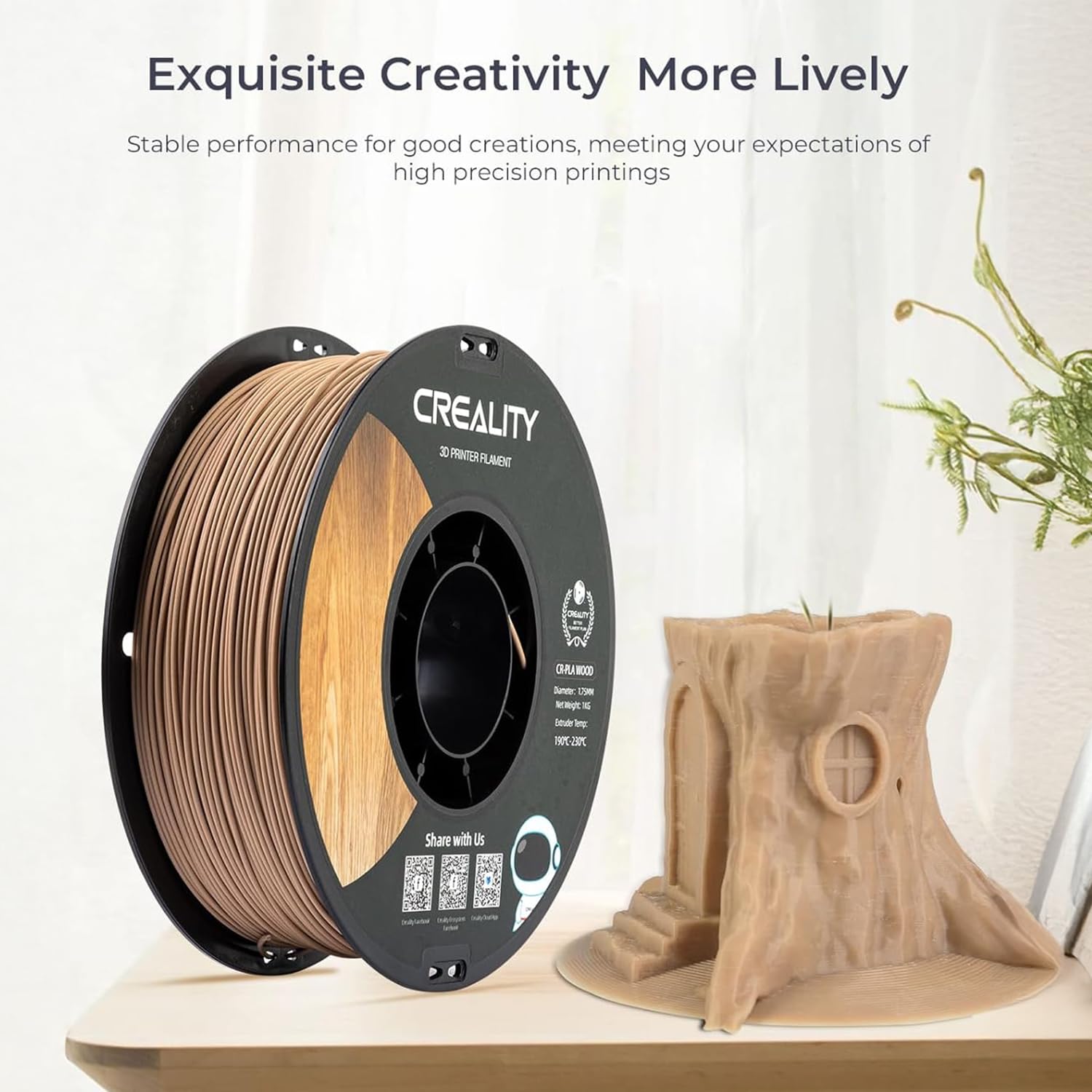 Official Creality Wood Filament PLA, Wood PLA 3D Printer Filament 1.75 mm, More Than 30% Real Wood, Smooth Silk Texture, Toughness, 1kg(2.2lbs)/Spool 3D Printing Filament, for All FDM Printer - WoodArtSupply