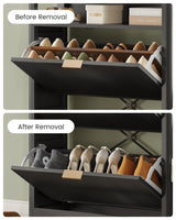 AOGLLATI Shoe Cabinet Storage,Narrow Fluted Shoe Rack Cabinet with 2 Flip Drawers, Wooden Freestanding Organizer with Open Storage Space for Entryway,Black AOGLLATI