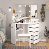 VOWNER Vanity with Lights - Makeup Vanity Desk with Power Outlet, 3 Color Lighting Options Brightness Adjustable, Vanity Table with 5 Rotating Drawers, Shelves and Stool for Bedroom, White VOWNER