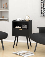 JOONEE Black Nightstand,Modern Bedside Table with Storage Drawer and Open Wood Shelf, for Living Room, Bedroom and Small Spaces, Accent Night Stand with Solid Wood Legs, Easy Assembly,Classic Black JOONEE