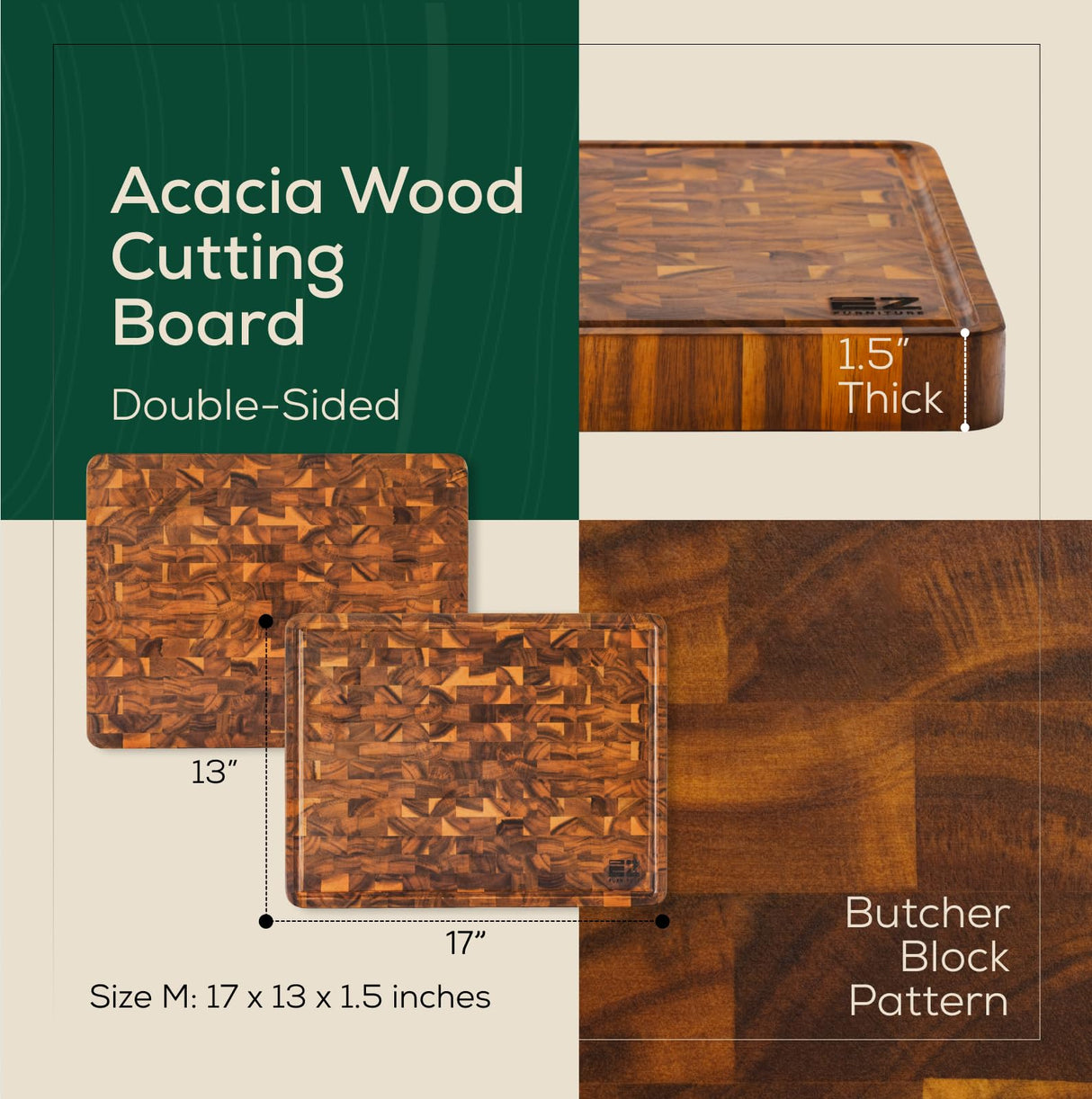 EZ FURNITURE 17 x 13 Inch Acacia Wood Cutting Board, End Grain with Juice Groove and Handles, Knife Friendly, Reversible, Suitable for Chopping Meat, Vegetables, Aesthetics for The Kitchen EZ FURNITURE