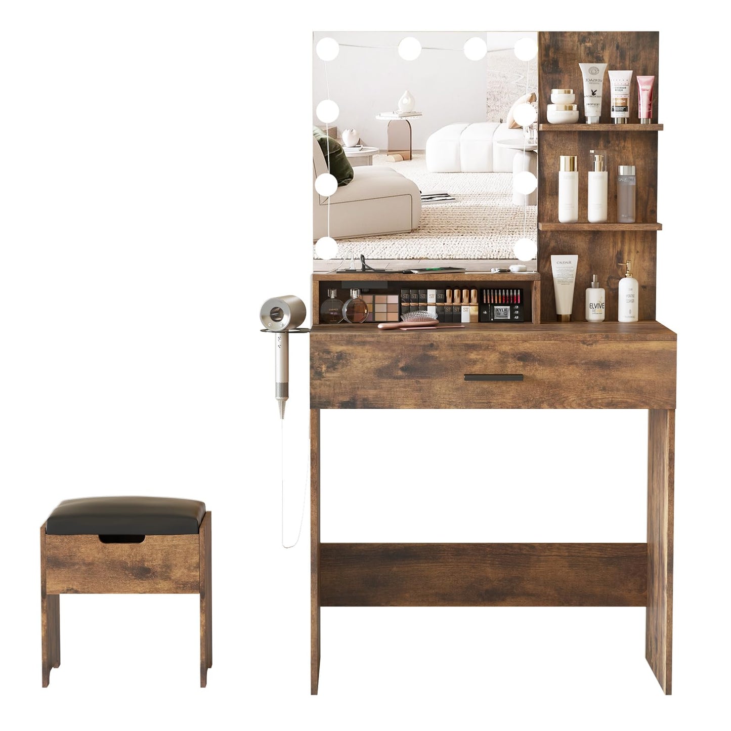 Fameill Makeup Vanity Table with Lighted Mirror & Charging Station, Rustic Brown Vanity Set Vanity Desk with 3 Lighting Modes, Brightness Adjustable, 31.5in(W)