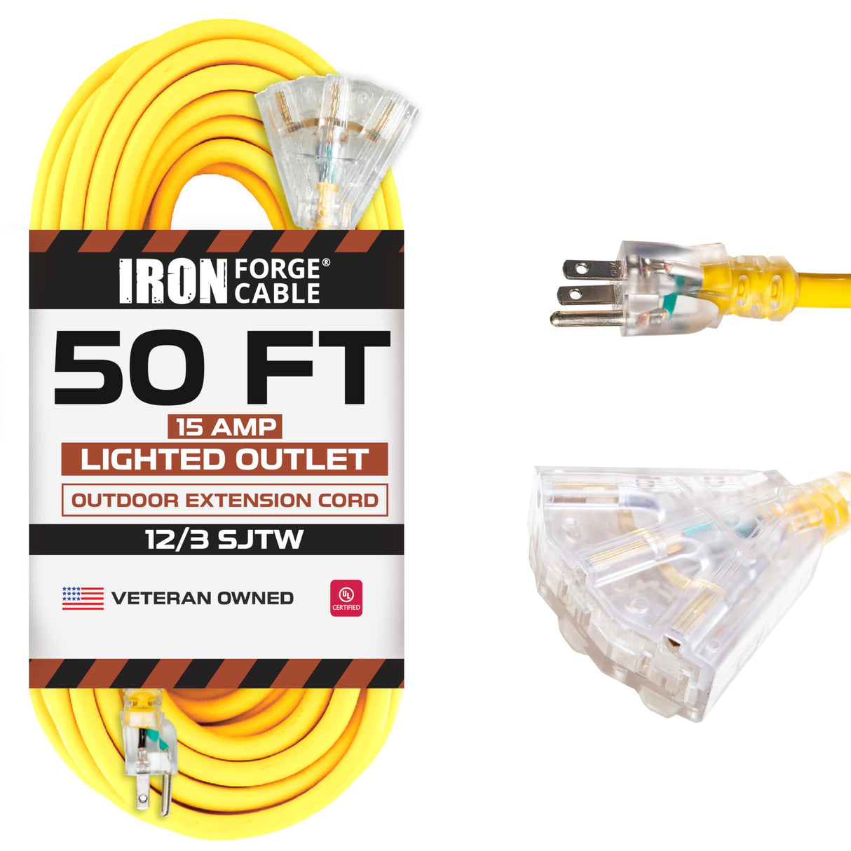 Iron Forge Cable 50 Foot Lighted Outdoor Extension Cord with 3 Electrical Power Outlets - 12/3 SJTW Heavy Duty Yellow Extension Cable with 3 Prong Grounded Plug for Safety, 15 AMP Iron Forge Cable