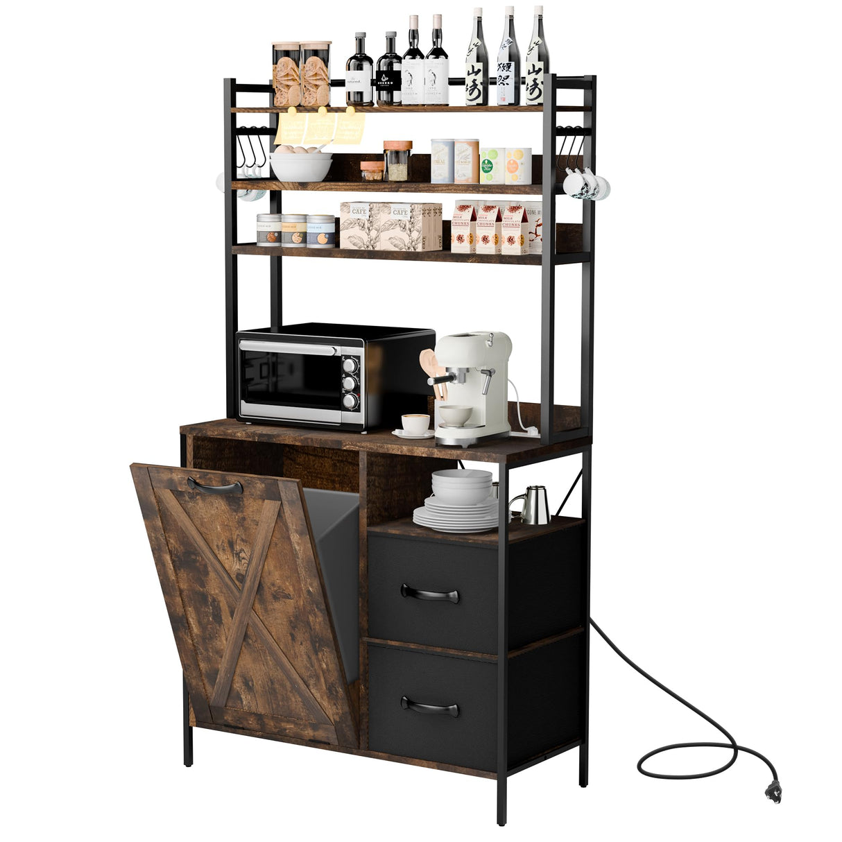 Kitchen Bakers Rack with Storage Drawers and Power Outlet, 65.8”Coffee Bar Cabinet with 6 Hooks, Microwave Stand with Tilt Out Trash Can Cabinet for Dining Room Living Room, Fits 10-Gallon Bins spanspace