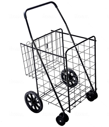 LS Jumbo Deluxe Foldable Utility Shopping Cart with Dual Swivel Wheels and Double Basket- 200 lb Capacity