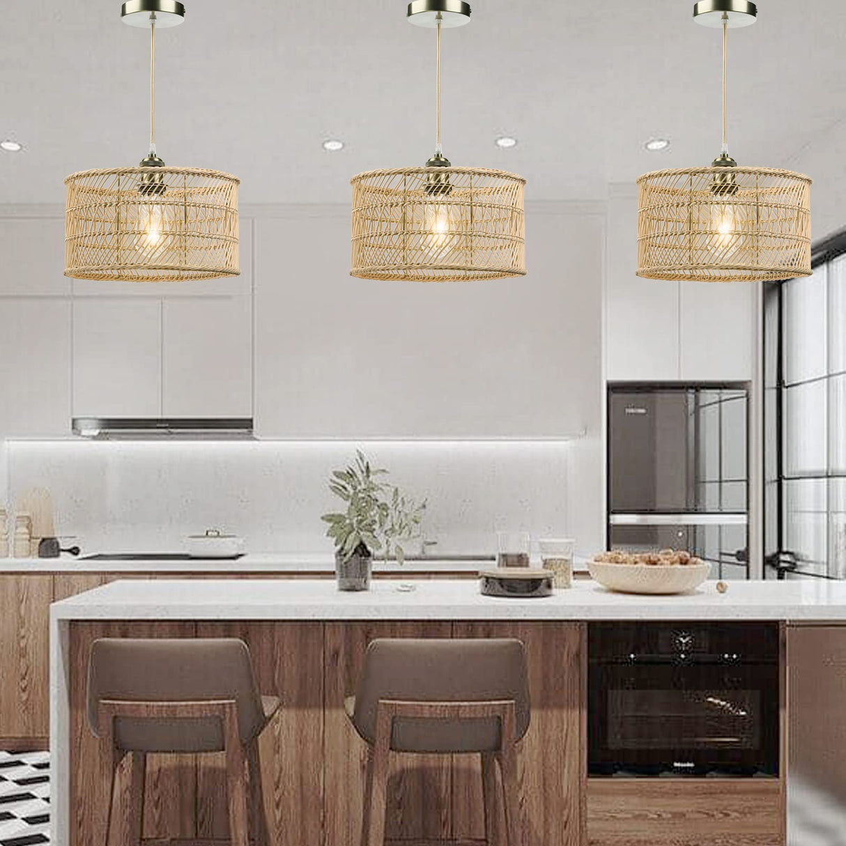 HOONEX Rattan Chandelier, Rattan Light Fixtures Ceiling, 12.4" Wicker Pendant Light for Dining Room Bedroom Kitchen Island, Natural HOONEX