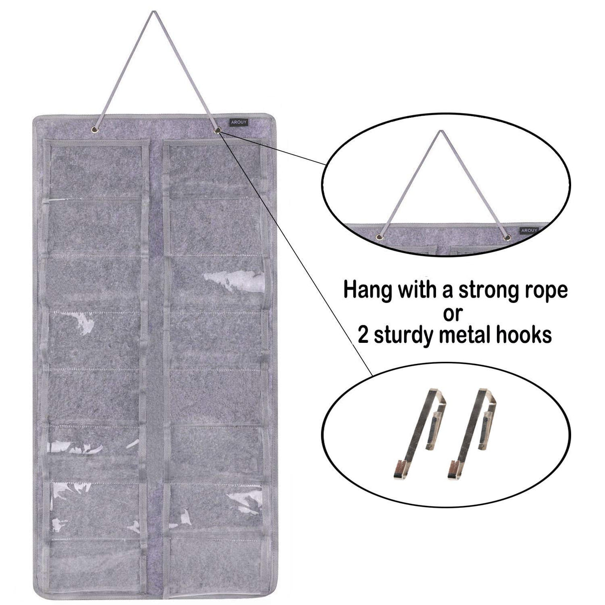 AROUY Sunglasses Organizer Storage, Hanging Dust Proof Wall Pocket Glasses Organizer - 16 Felt Slots Sunglass Organizer Holder with Metal Hook and Sturdy Rope (Gray, Dust Proof) AROUY