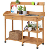 Yaheetech Potting Bench Outdoor Garden Work Bench Station Planting Solid Wood Construction for Horticulture w/Sink Drawer Rack Shelves Natural Wood Yaheetech