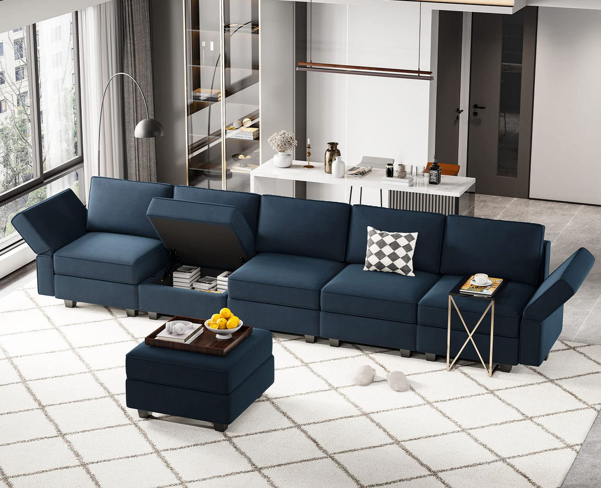 Belffin Modular Velvet Sectional Sofa with Chaise Lounge Sectional Sleeper Sofa with Storage Chaise Bed Couch for Living Room Blue Belffin