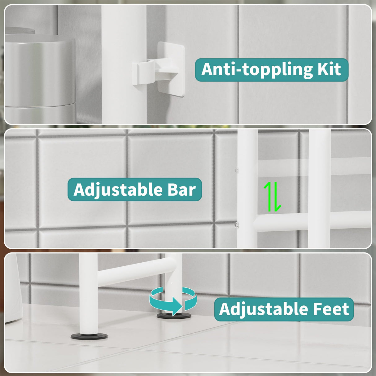 AriseWork 3-Tier Over The Toilet Storage with Paper Holder, Metal Bathroom Organizers and Storage for Small Space, Freestanding Bathroom Shelves with 4 Hooks, Above The Toilet Storage Shelf, White AriseWork