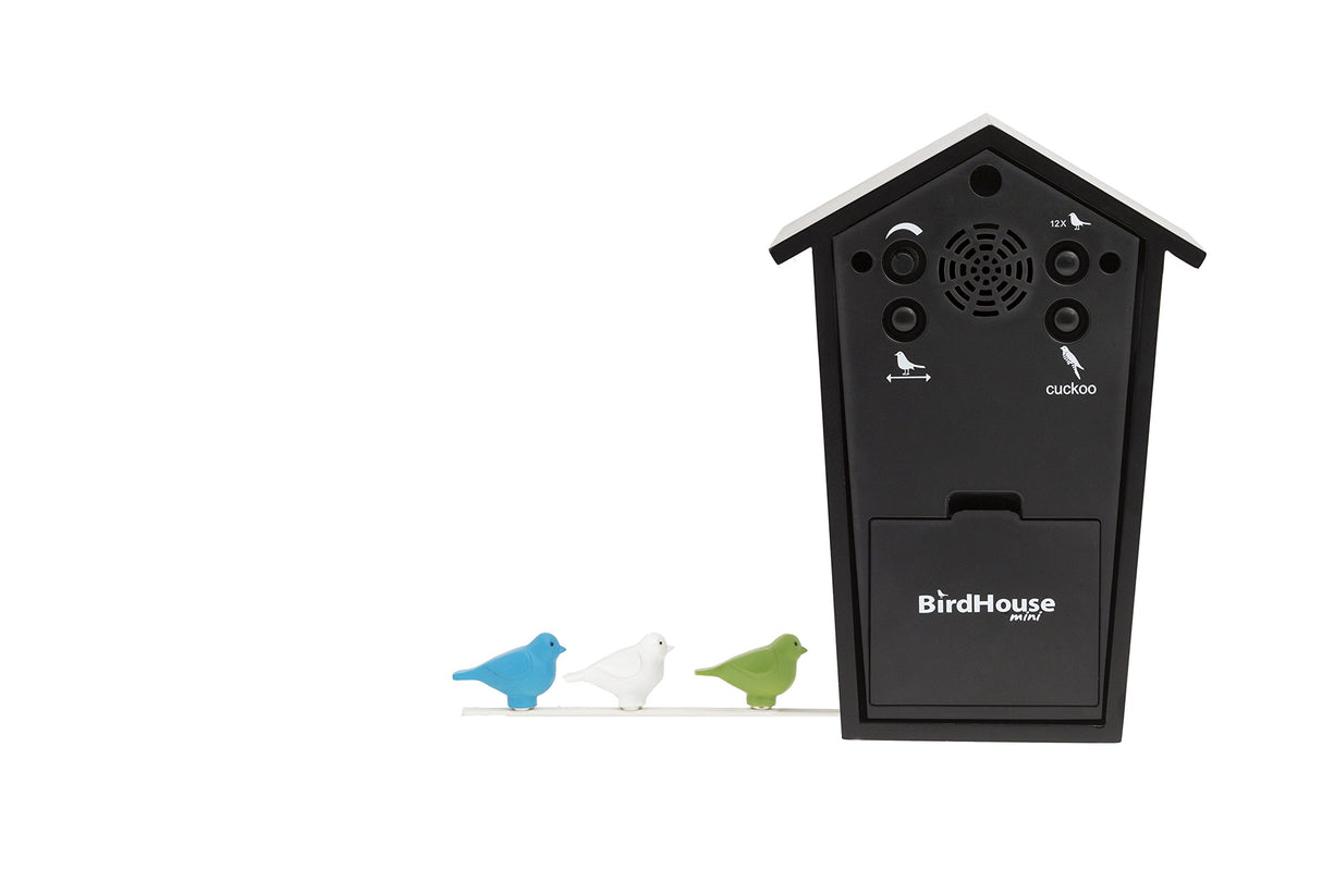 KOOKOO Birdhouse Mini Black, Tiny Modern Cuckoo Clock with 12 Natural Bird Songs or Cuckoo Call KOOKOO