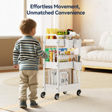 YASONIC Metal 3 Tier Rolling Cart - Heavy Duty Utility Cart with Lockable Wheels, Hanging Cups, Hooks, Mesh Rolling Storage Cart Craft Cart Organizer, Lightweight and Sturdy, White YASONIC