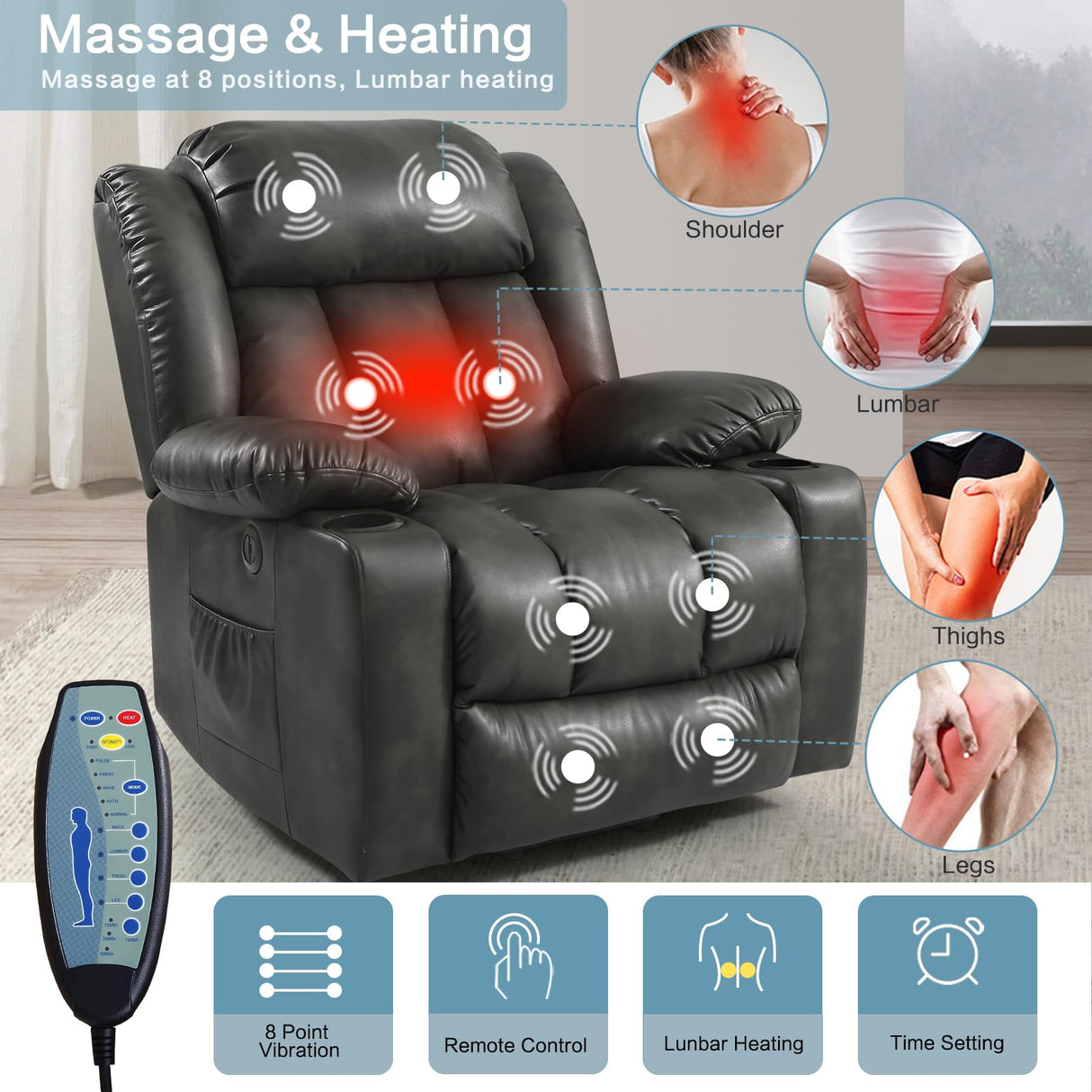 PARKOL Power Lift Recliner Chair for Elderly Breathable Leather Recliner Chair with Massage and Heat,2 Cup Holders,Electric Stand Assist,USB Ports,Gifts for Family (Grey) PARKOL