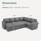 HONBAY Modular Sectional Sleeper Sofa with Pull Out Bed, Convertible L Shaped Sectional Couch with Storage Seat, Sectional Couches for Living Room,Grey HONBAY