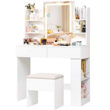 Furmax Vanity Desk with Mirror and LED Lights, Makeup Vanity Table with 3 Lighting Color, Adjustable Brightness, Vanity Table with 2 Drawers, Side Storage, for Bedroom (White, with Bench) Furmax