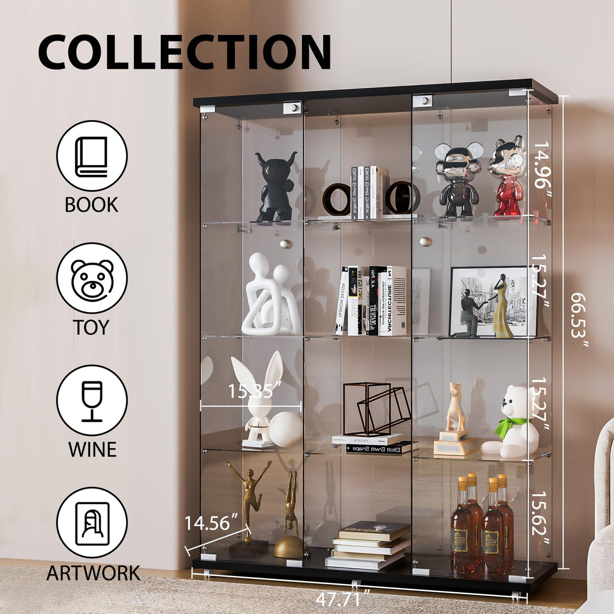 FANYUSHOW Glass Display Cabinet with 12 Shelves, 3 Columns and Lock, Extra Large DIY Curio Cabinets Quick-Install Style 5mm Tempered Glass Bookshelf for Living Room, Bedroom, Black FANYUSHOW