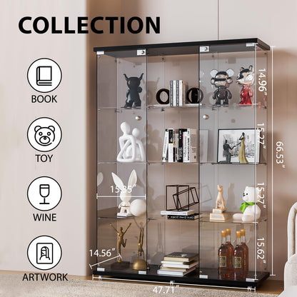 FANYUSHOW Glass Display Cabinet with 12 Shelves, 3 Columns and Lock, Extra Large DIY Curio Cabinets Quick-Install Style 5mm Tempered Glass Bookshelf for Living Room, Bedroom, Black