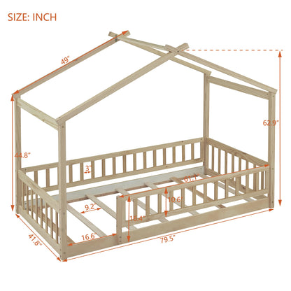 Harper & Bright Designs Twin Montessori Floor Bed with Fence Railing – Natural Wood Frame for Kids - WoodArtSupply