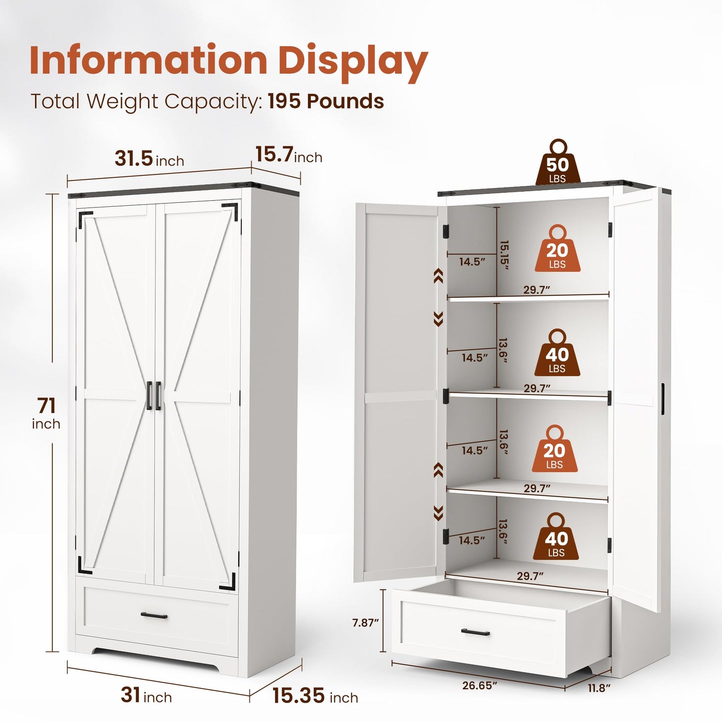 PATIOPIA Farmhouse Kitchen Pantry Cabinet,71" Large Wooden Storage Cabinet with Adjustable Shelves & 2 Barn Doors & Drawer, Versatile Storage for Kitchen,Bathroom,Living Room,White - WoodArtSupply