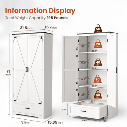 PATIOPIA Farmhouse Kitchen Pantry Cabinet,71" Large Wooden Storage Cabinet with Adjustable Shelves & 2 Barn Doors & Drawer, Versatile Storage for Kitchen,Bathroom,Living Room,White - WoodArtSupply