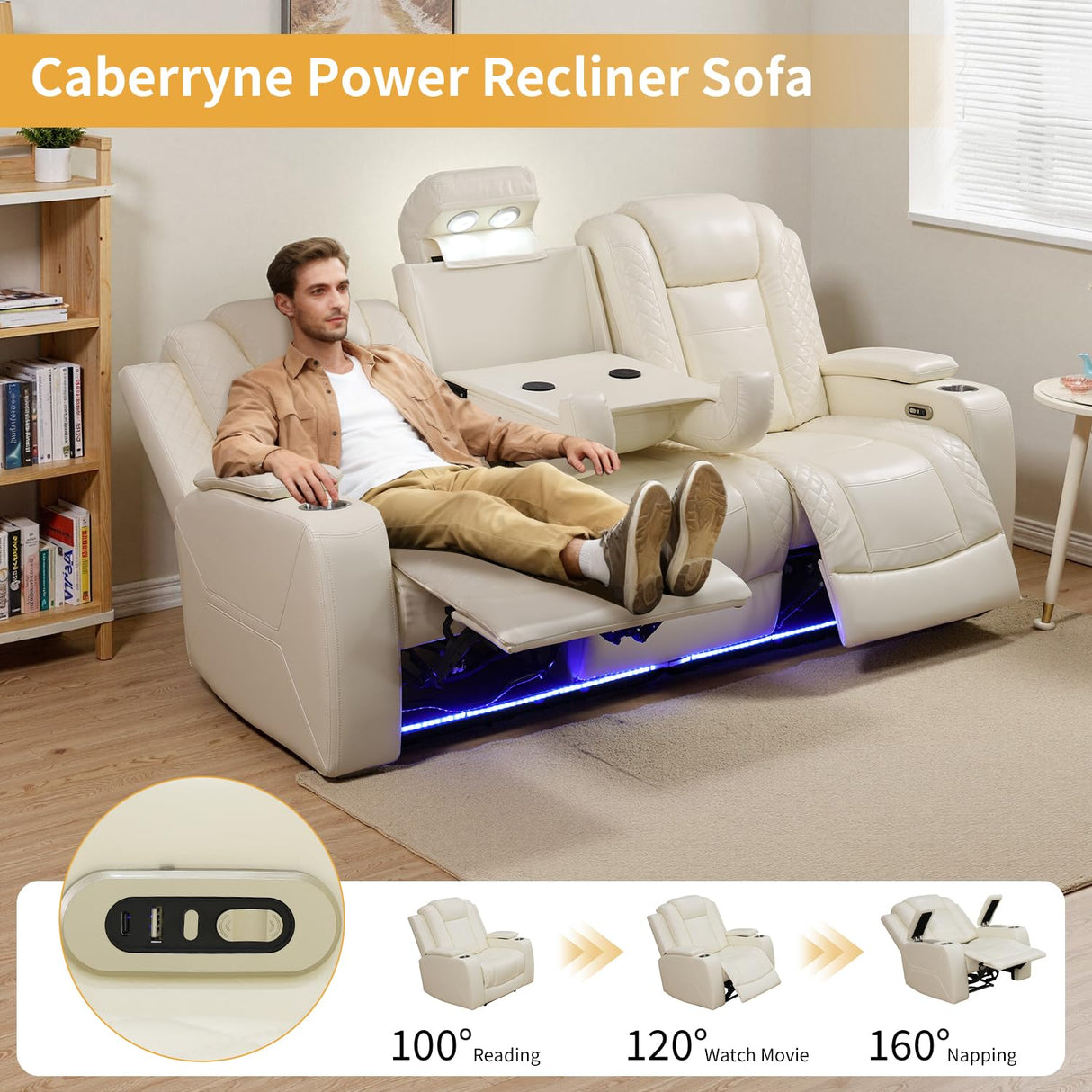 Caberryne Power Recliner Sofa Set with LED Lights,Leather Reclining Couch and Loveseat Set with USB Port/Coffee Table/Cup Holder,Living Room Set with 4 Recliner Seats for House(2 Piece Set,Creamy) Caberryne