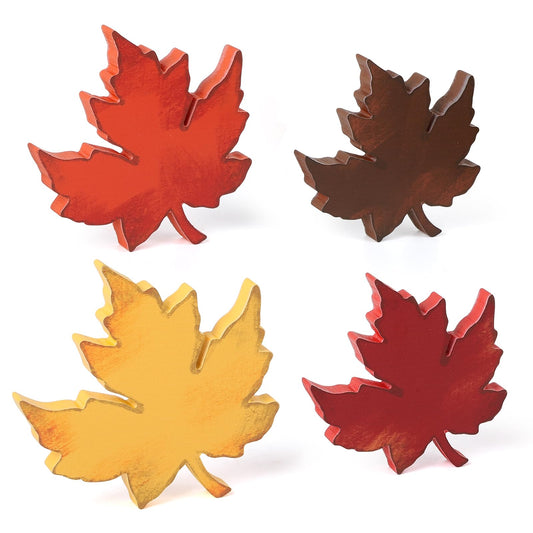 COCHIE Fall Leaves Decorations for Home Indoor, Farmhouse Thanksgiving Table Decor, Vintage Harvest Tabletop Decoration, Wooden Maple Leaf Signs Block for Tiered Tray Party Shelf Display Set of 4