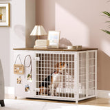 YATINEY Foldable Dog Crate Furniture, Dog Crate with DIY Frame, Heavy Duty Dog Kennel Indoor with Hooks, Wooden Dog Cage End Table, for Small/Medium Dogs, White and Walnut DC95WH YATINEY